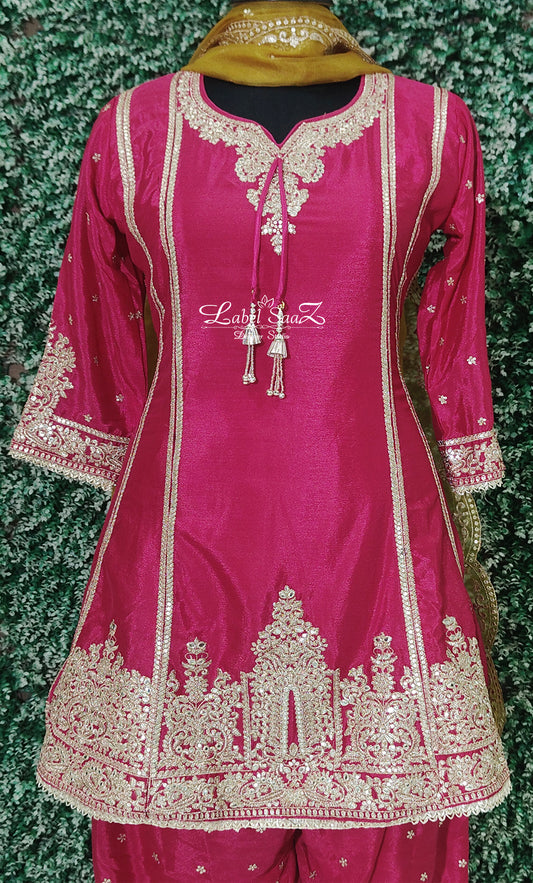 Rani Pink Sequence Embroidered  Kurta Dhoti Pant Set with Dupatta