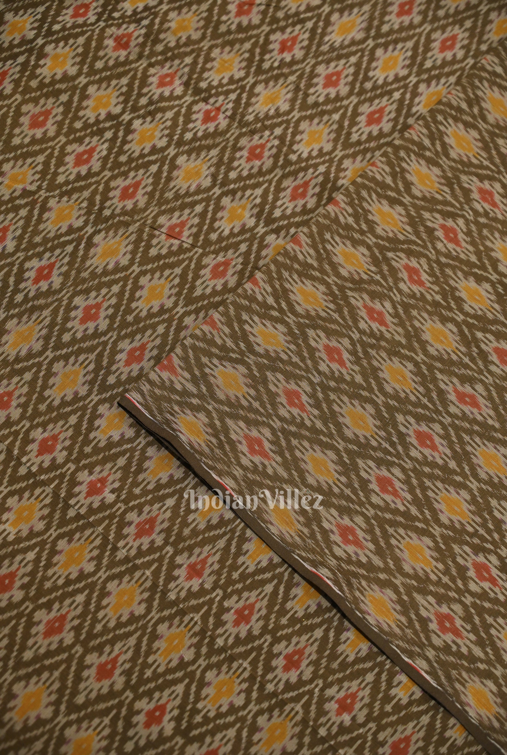 Olive Haze Pochampally Ikat Silk & Cotton (Sico) Fabric 