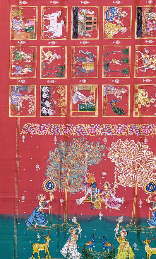 Red Green Radha Krishna Village Theme Pattachitra Saree 