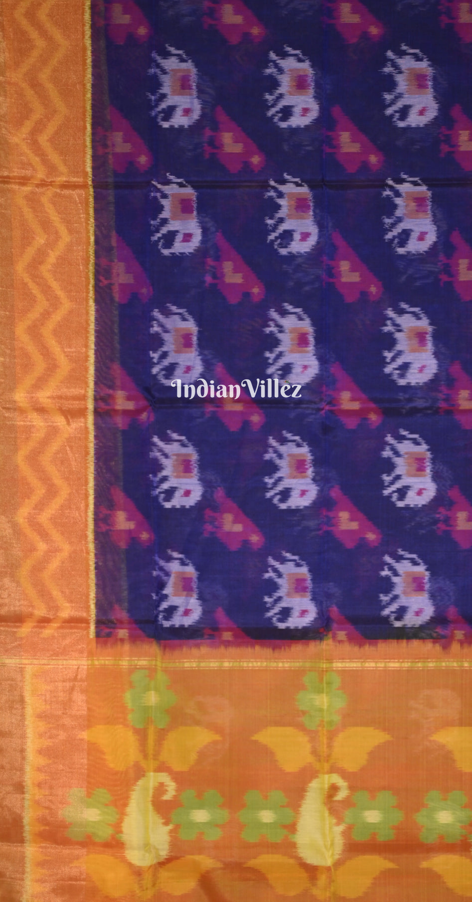 Blue Rust Orange Pochampally Ikat Silk Cotton (Sico) Saree