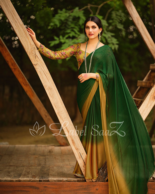 Brown Rama Green Chiffon Saree with Floral Blouse