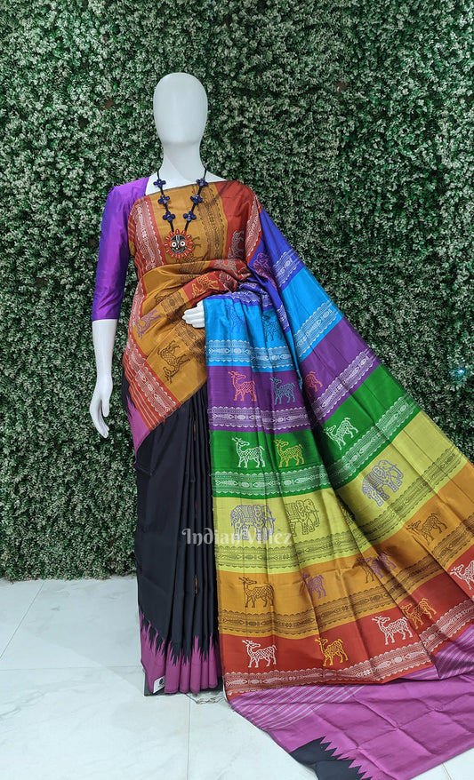 Black Fish Motif Double Pallu Berhampuri Silk Saree