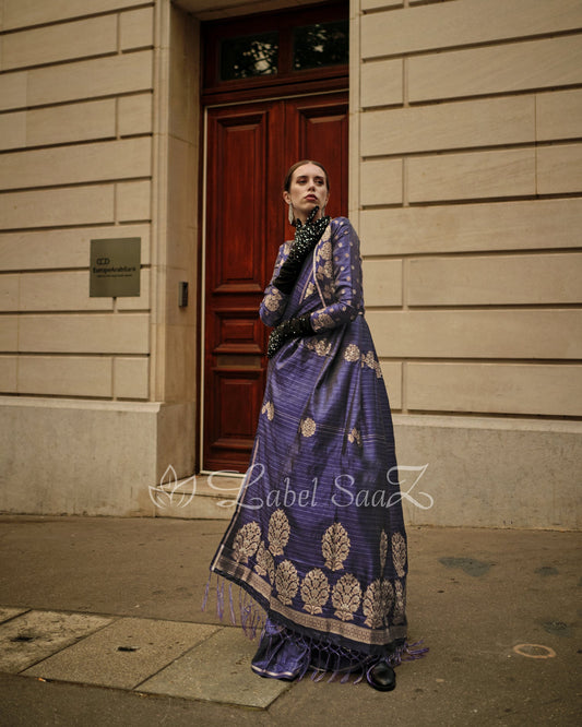 Violet Pure Satin Zari Lining Handloom Weaving Saree