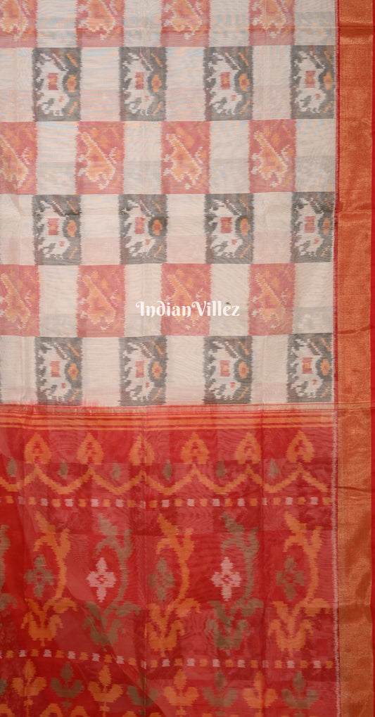 Off White Red Pochampally Ikat (Sico) Saree 