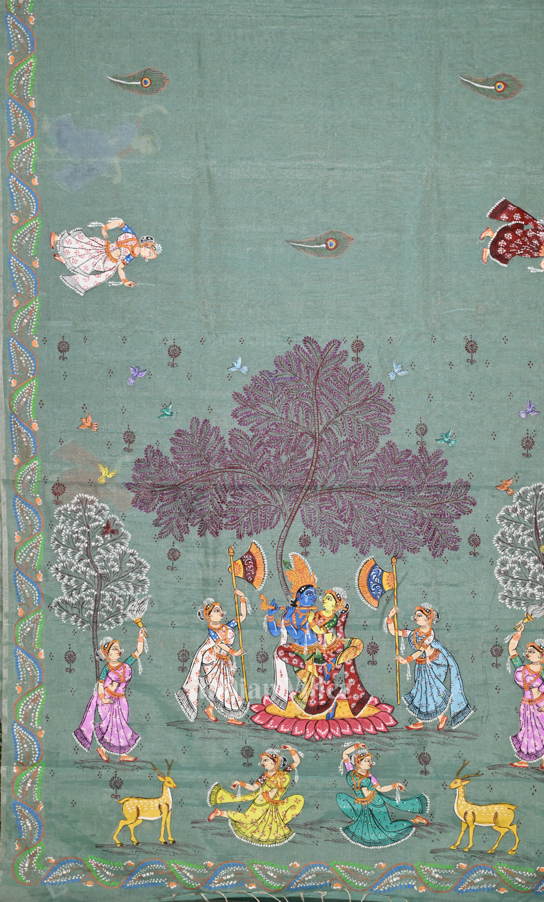 Light Blue Krishna Rasa Leela Hand-Painted Pattachitra Saree 