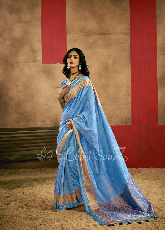 Sky Blue Weaving Silk Zari Saree With Tassels 