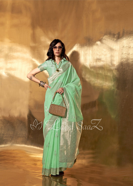 Green Handwoven Linen Saree 
