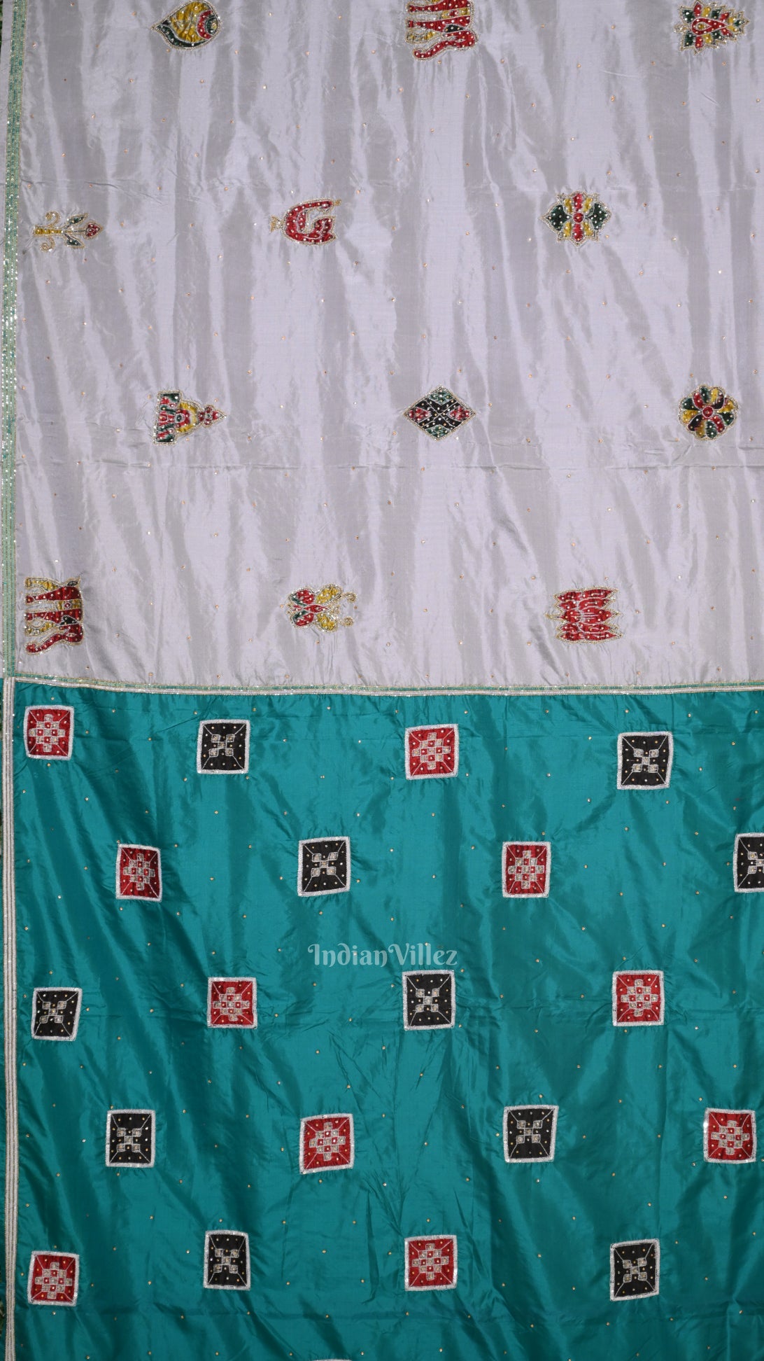 Blue Cement Square Motif Pure Silk Embroidery Saree