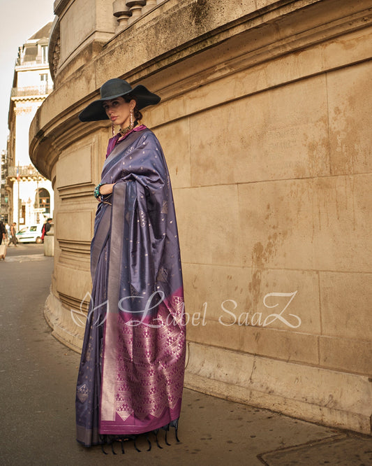 Bluish Grey Magenta Kanjivaram South Soft Silk Saree