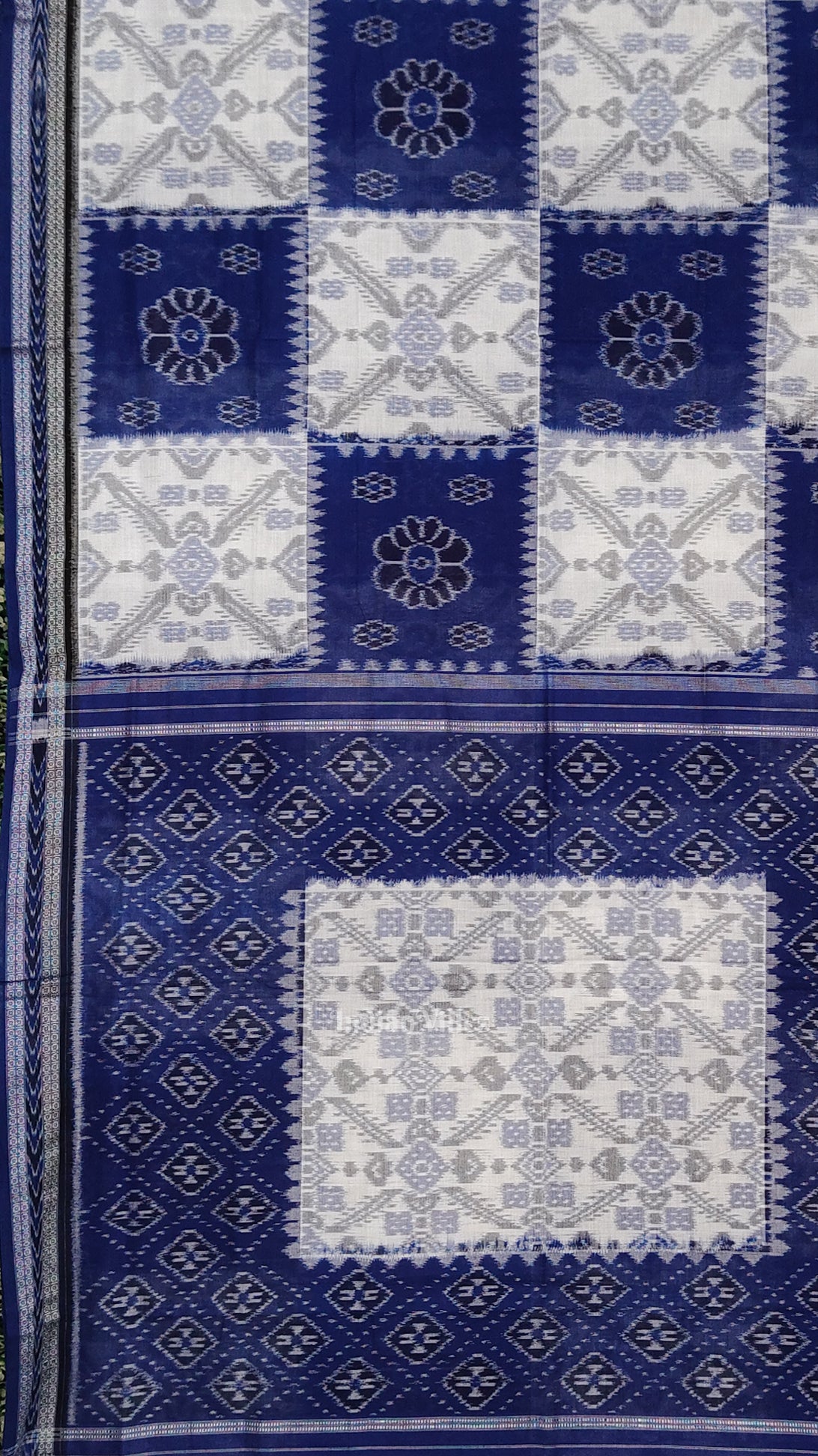 White Blue Pasapali Odisha Ikat Sambalpuri Cotton Saree