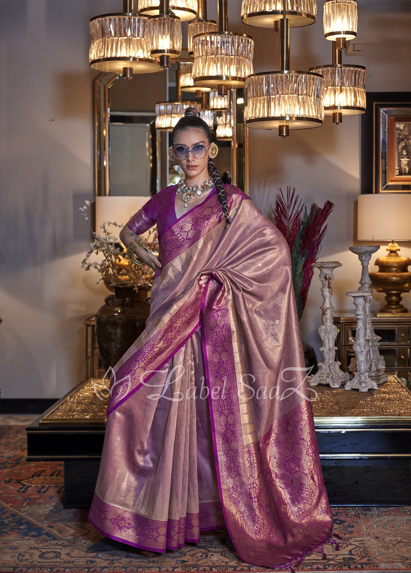 Pink Zari Tissue Handloom Weaving Saree