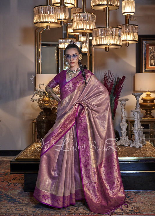 Pink Zari Tissue Handloom Weaving Saree
