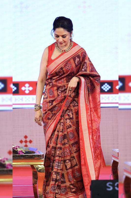 Madhuri Dixit Rust Maroon Red Nabakothi Odisha Ikat Sambalpuri Silk Saree