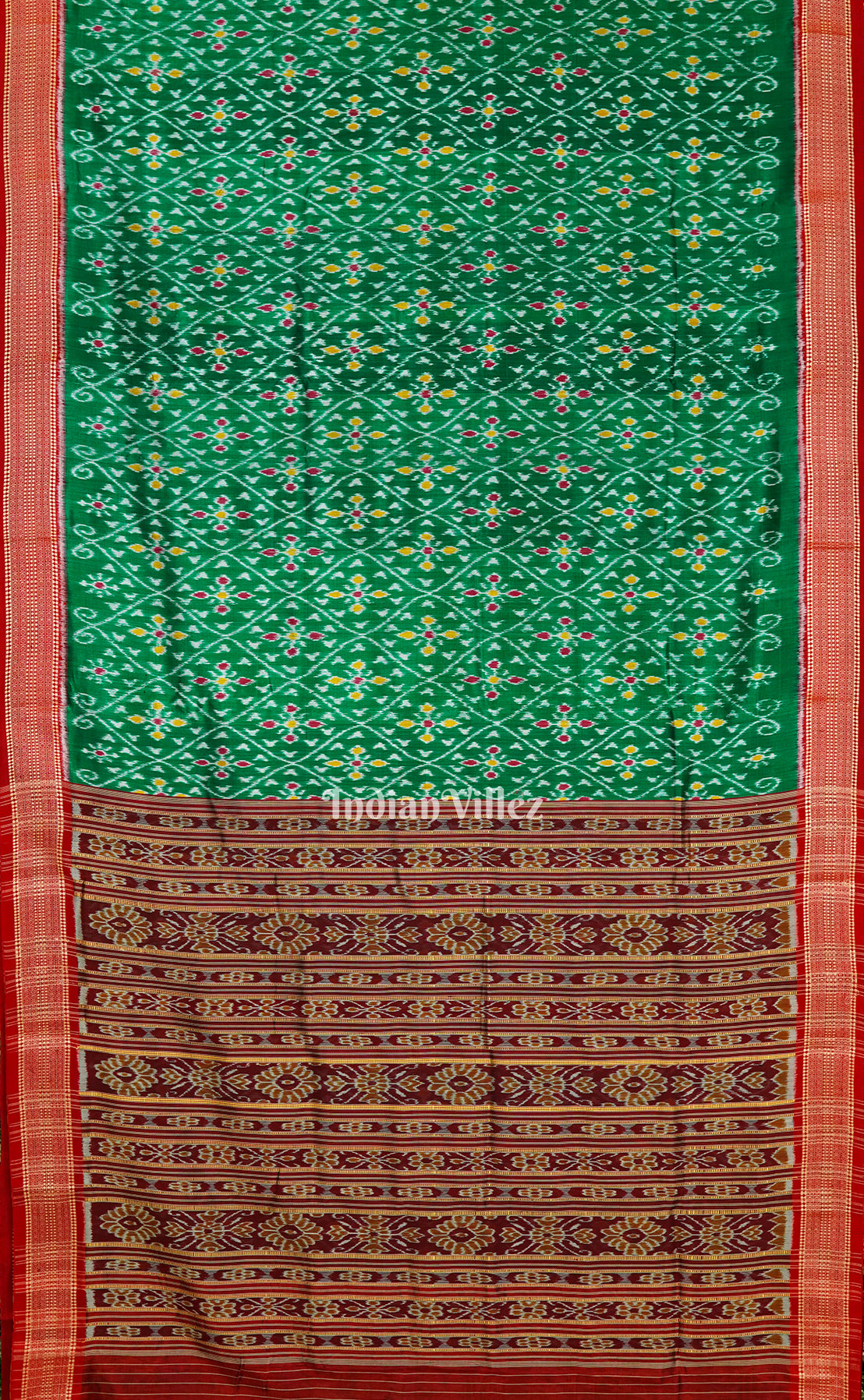 Dark Green Body Flower Motif Odisha Ikat Khandua Silk Saree