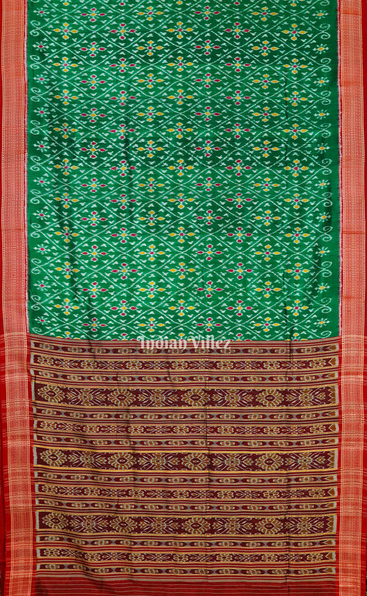 Dark Green Body Flower Motif Odisha Ikat Khandua Silk Saree