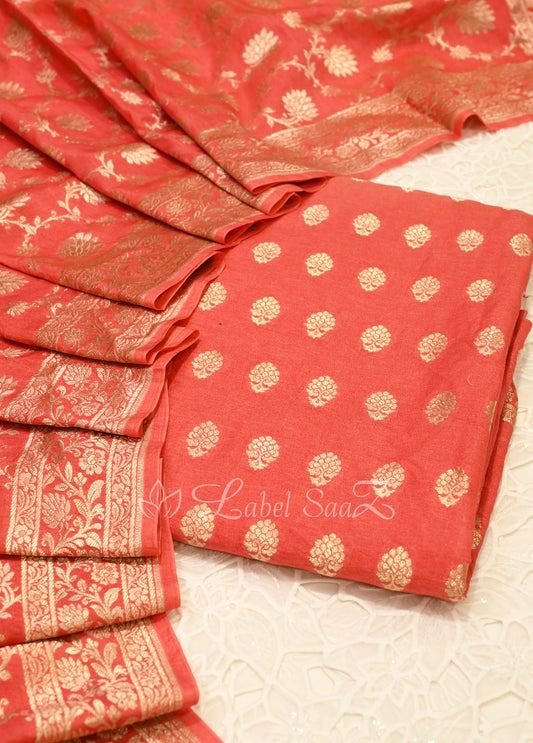 Peach Pink Zariwork Brocade Banarasi Unstitched Salwar Suit
