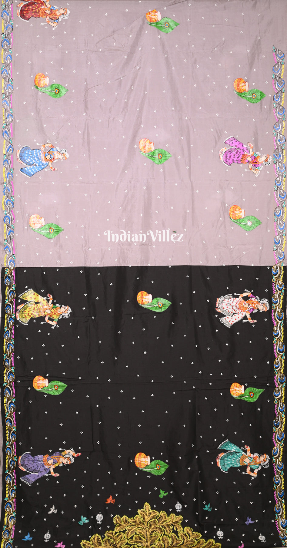 Grey Black (Mayur) & Nartaki Theme Dual Tone Hand-Painted Pattachitra Saree 