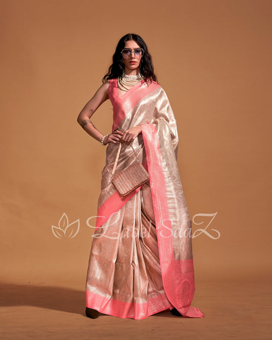 Off White with Peach Kanjivaram Zari Silk Saree 