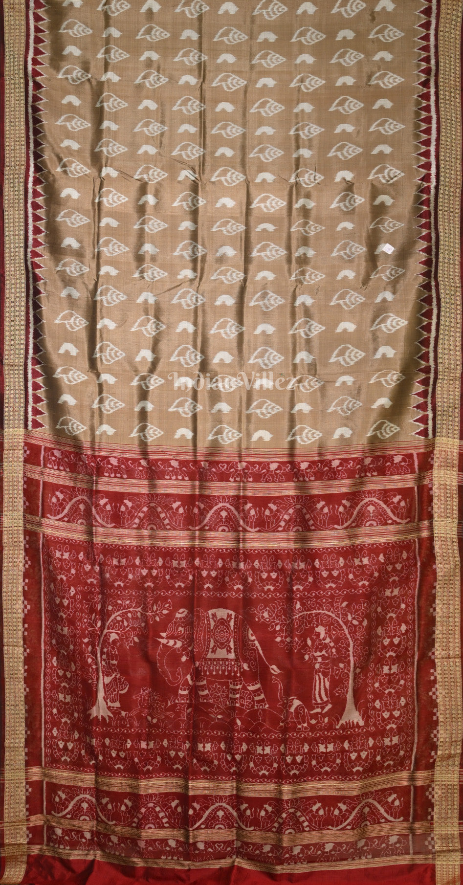Beige Maroon Sankha Theme Odisha Ikat Sambalpuri Silk Saree