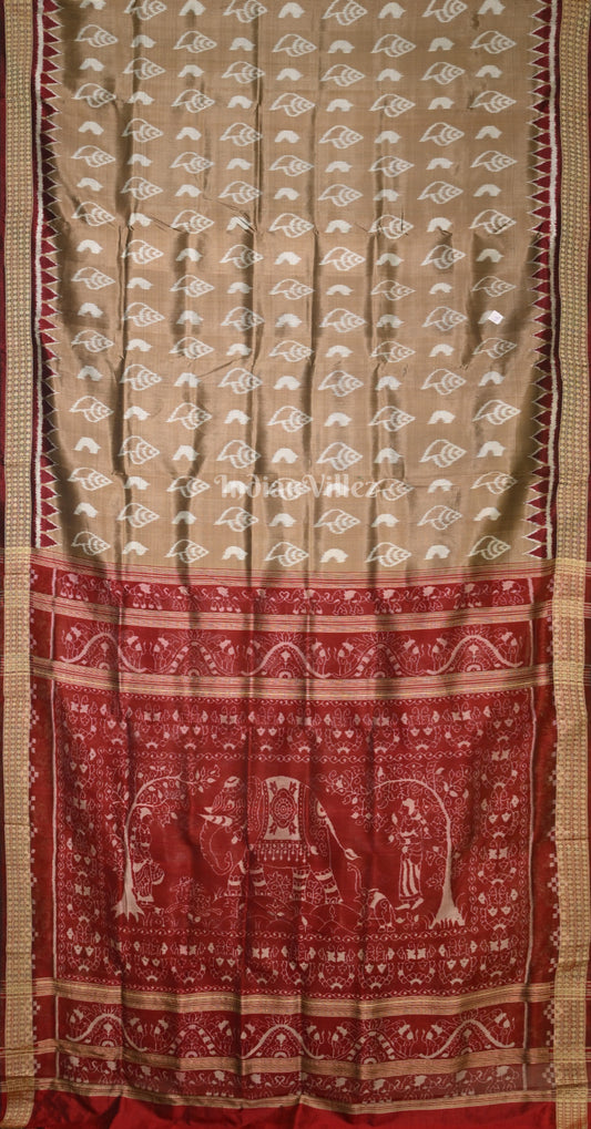 Beige Maroon Sankha Theme Odisha Ikat Sambalpuri Silk Saree
