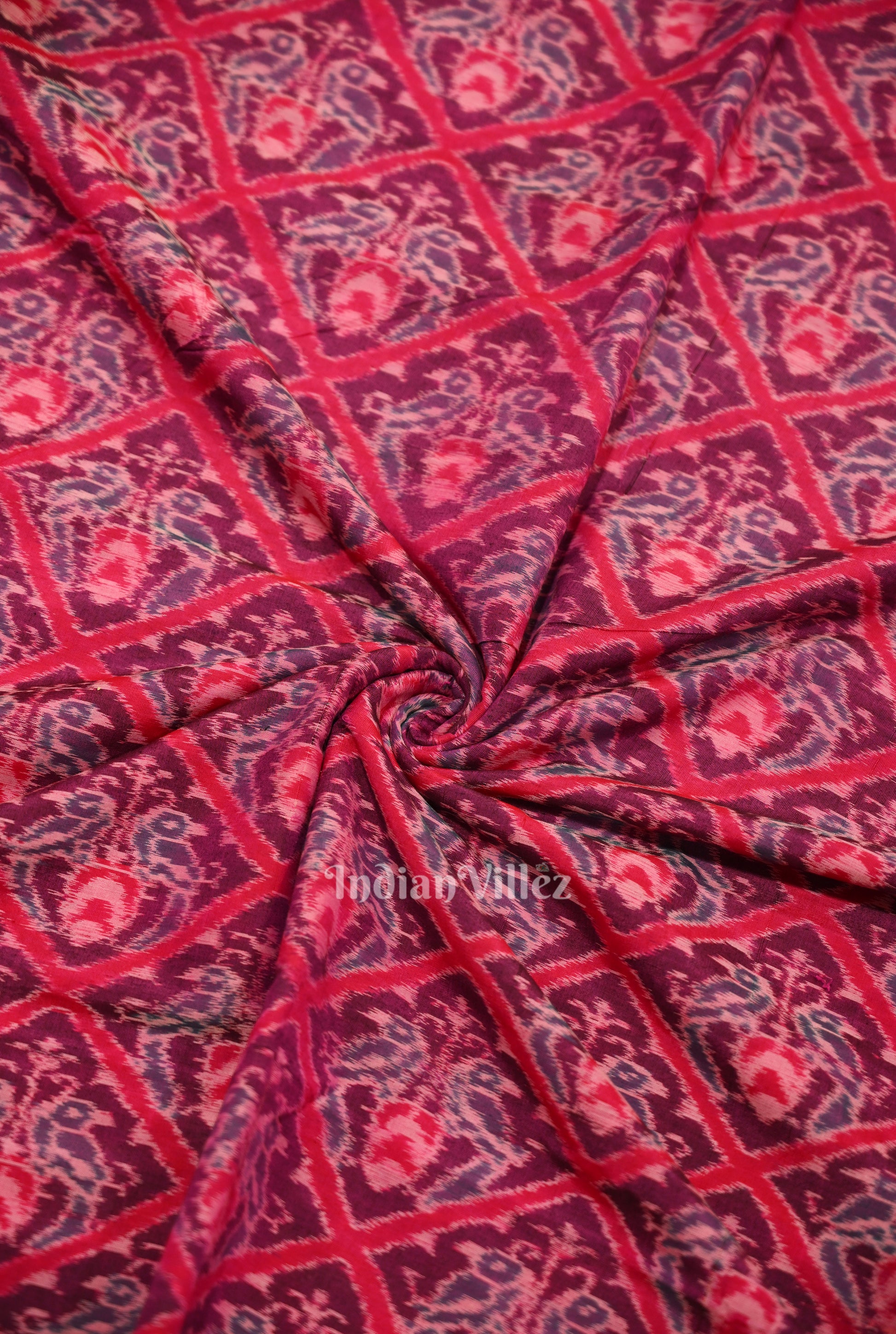 Purple Dual Parrot Theme Sambalpuri Ikat Cotton Fabric