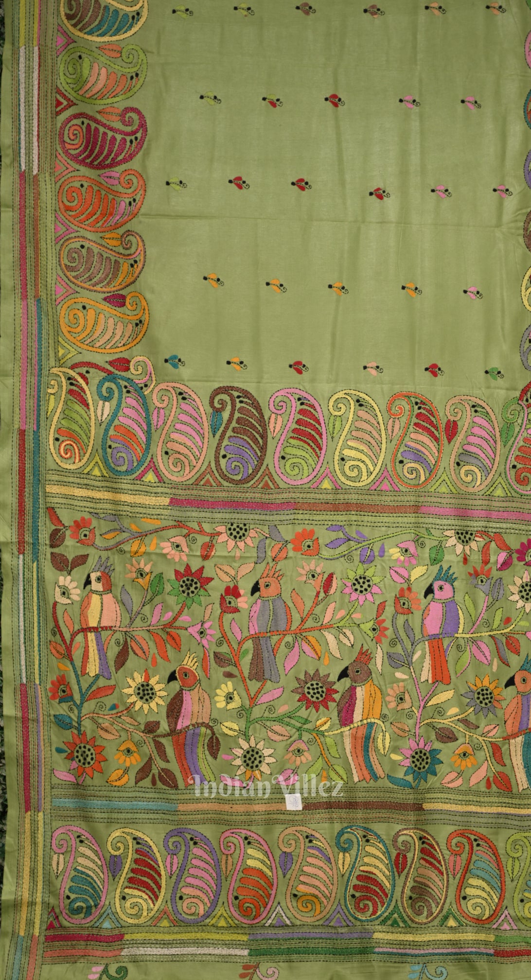 Parrot Green Handwoven Kantha Stitch Silk Saree 