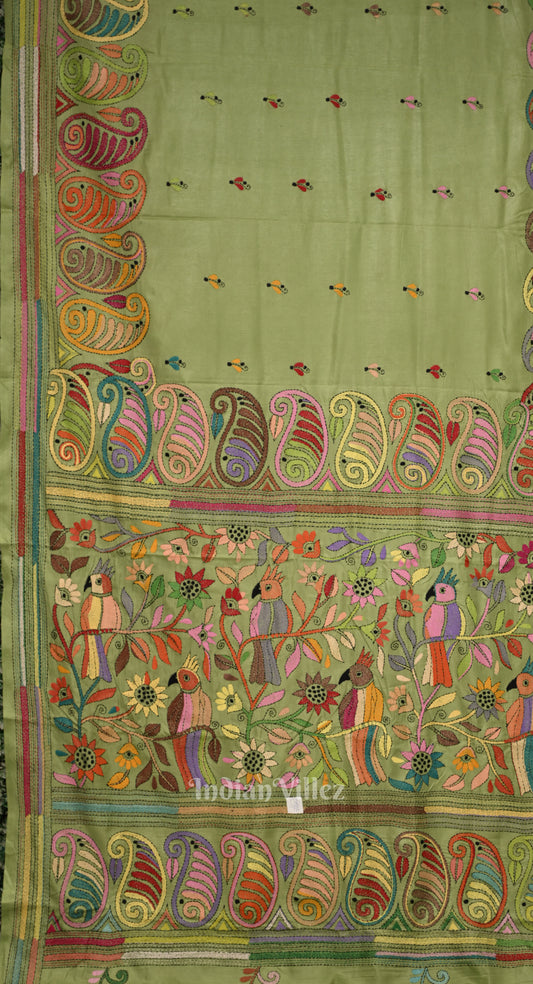 Parrot Green Handwoven Kantha Stitch Silk Saree 