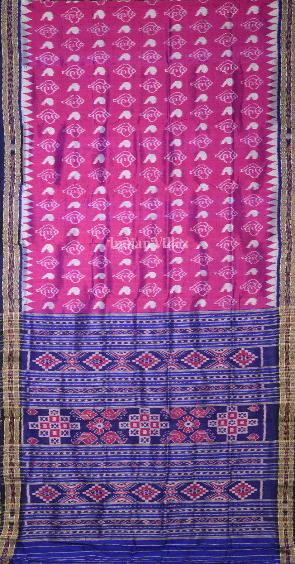 Magenta Pink Blue Sankha Motif Odisha Ikat Khandua Silk Saree with Pasapali Anchal