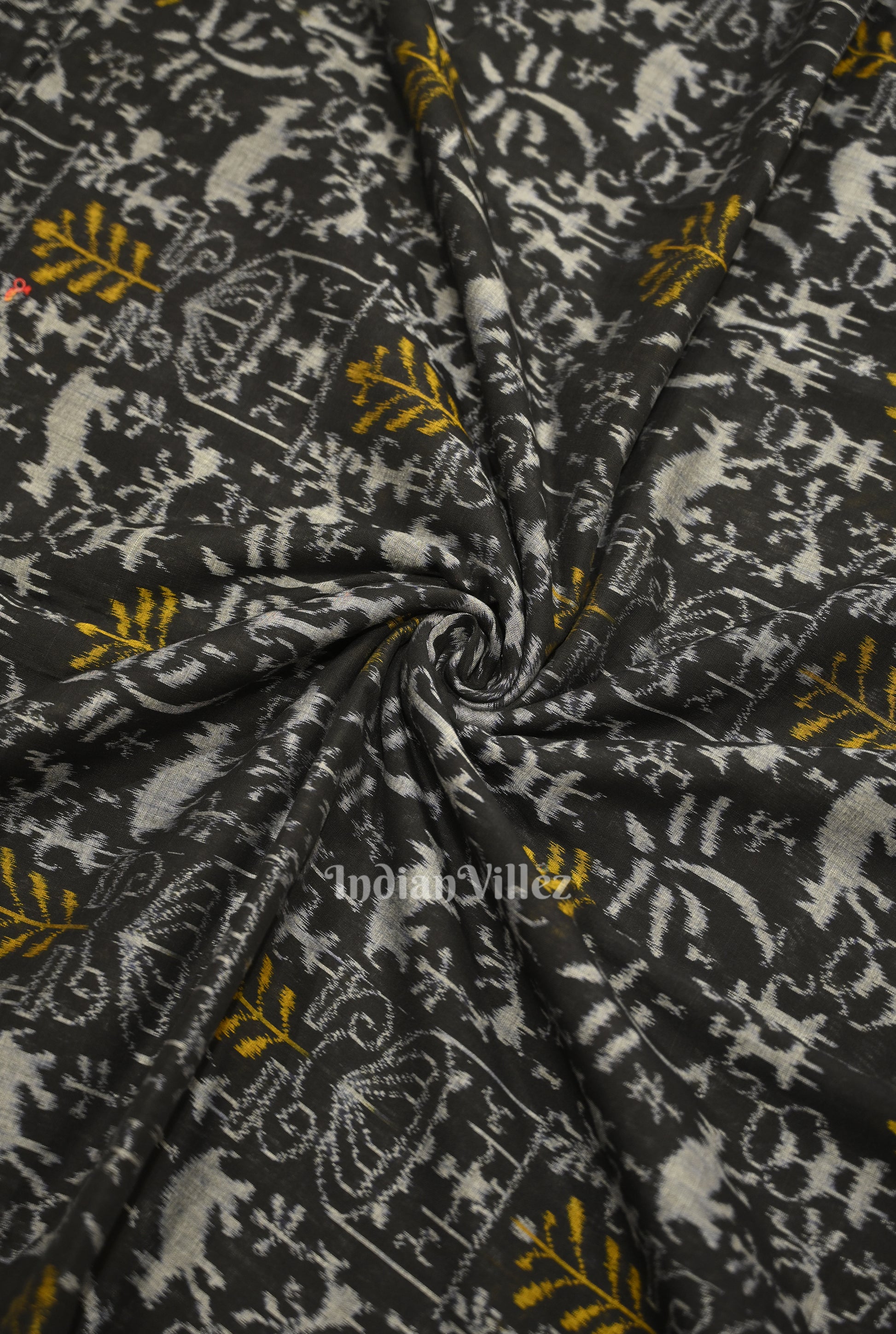 Black Tribal Theme Sambalpuri Ikat Cotton Fabric 