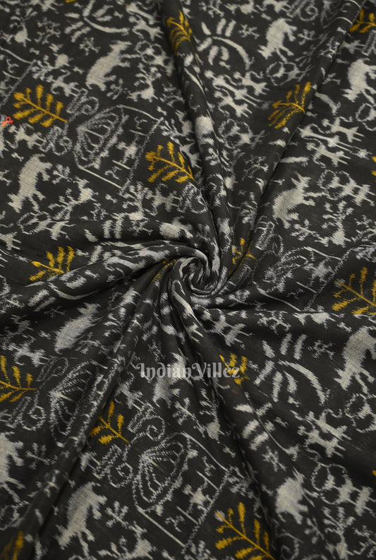Black Tribal Theme Sambalpuri Ikat Cotton Fabric 