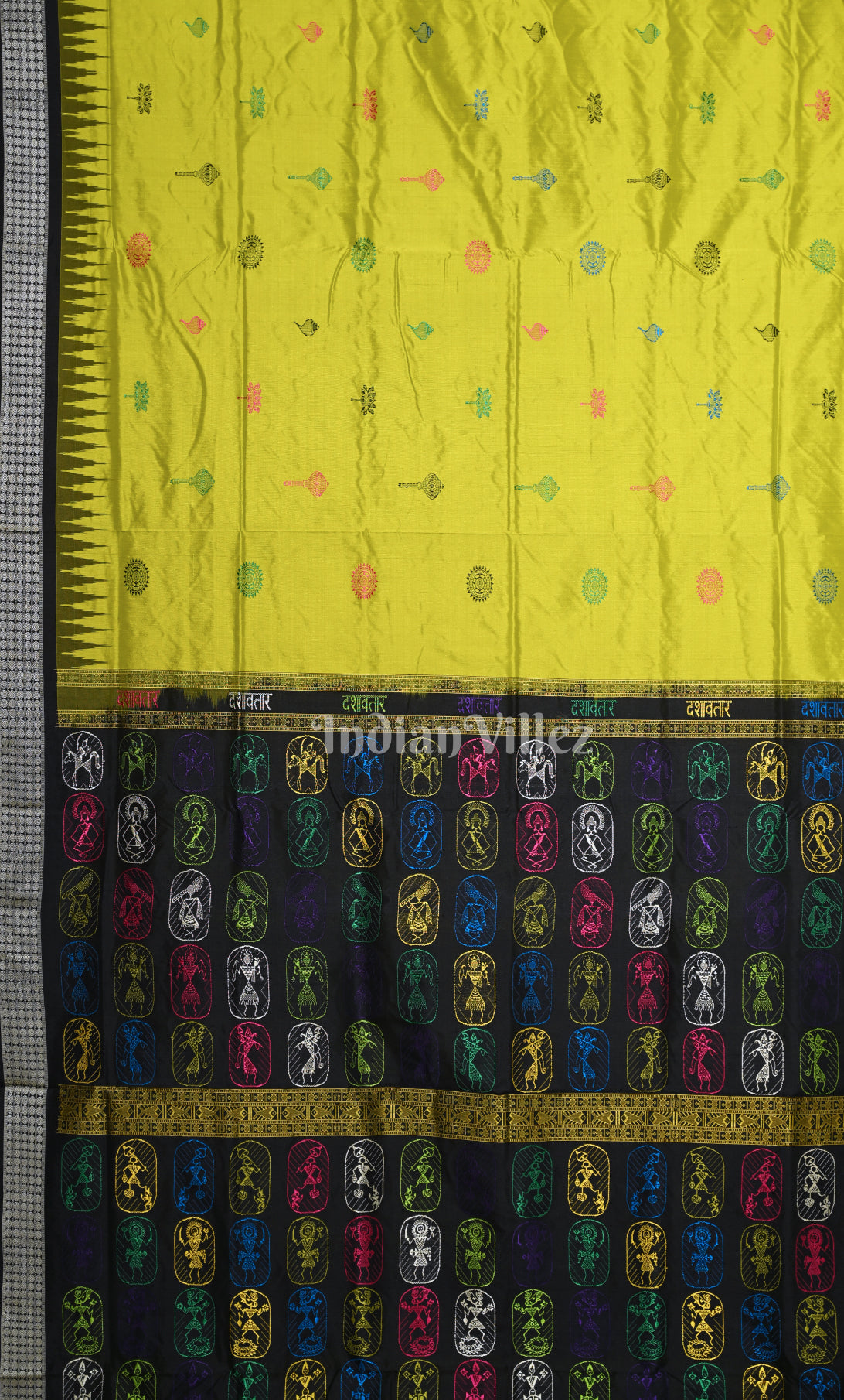 Parrot Green Black Odisha Ikat Bomkai Sambalpuri Silk Saree with Dasabatara Anchal