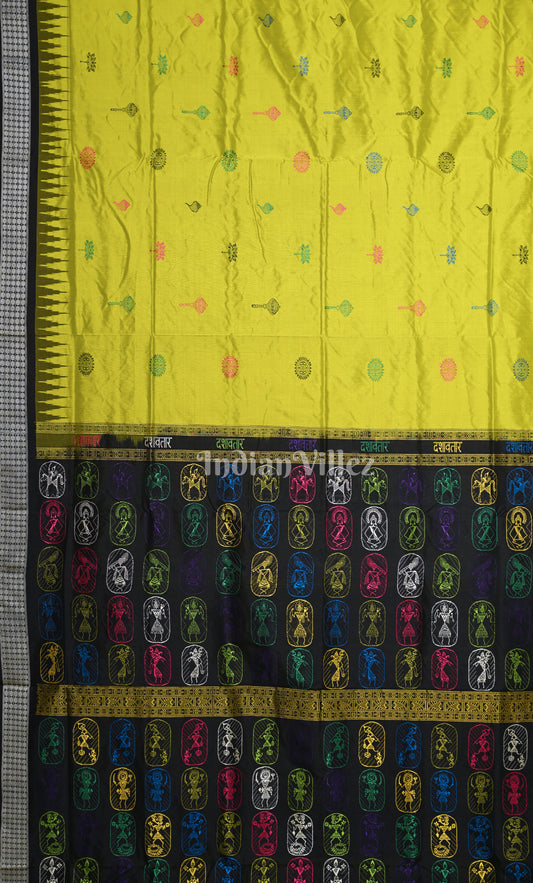 Parrot Green Black Odisha Ikat Bomkai Sambalpuri Silk Saree with Dasabatara Anchal