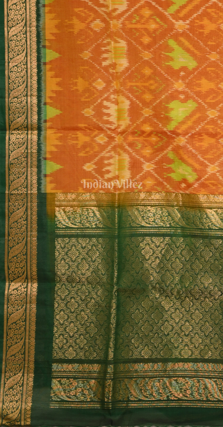 Mustard Yellow & Green Pochampally Ikat Silk Cotton (Sico) Saree