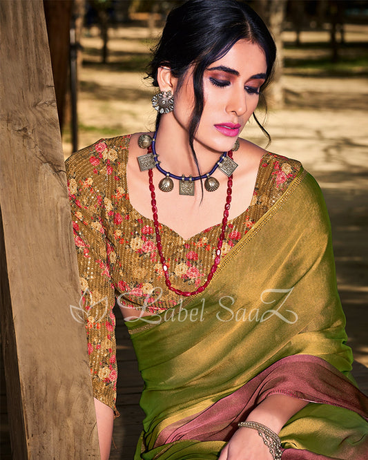 Mehendi Rust Chiffon Saree with Floral Blouse