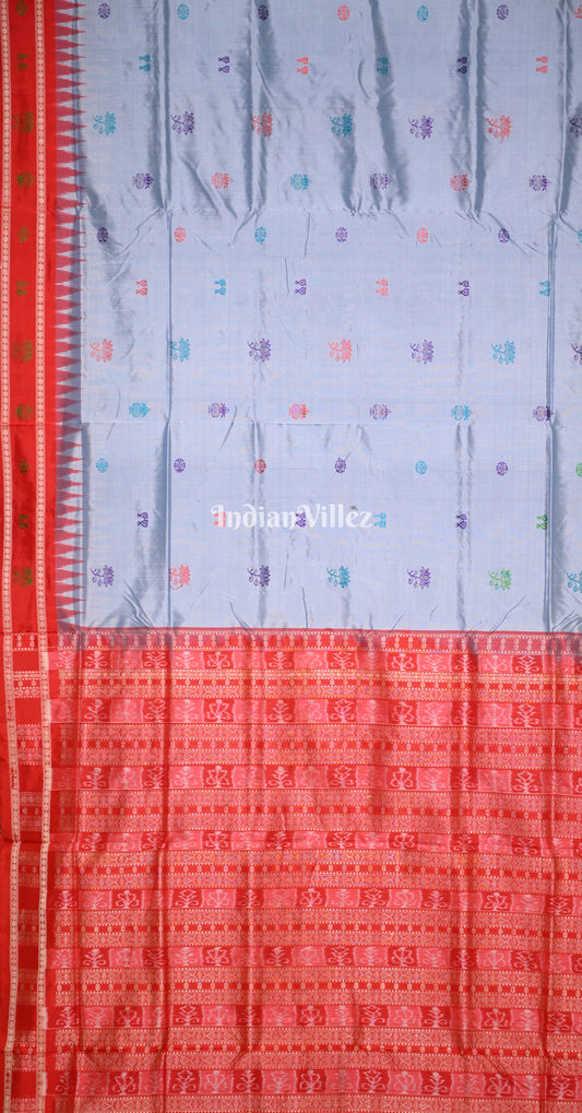Grey Red Laxmi Feet Odisha Ikat Bomkai Sambalpuri Silk Saree
