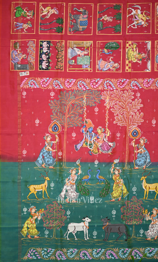 Red Green Krishna Rasaleela Hand-Painted Pattachitra Saree 