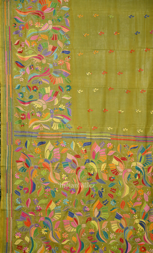 Mehendi Green  Handwoven Kantha Stitch Silk Saree
