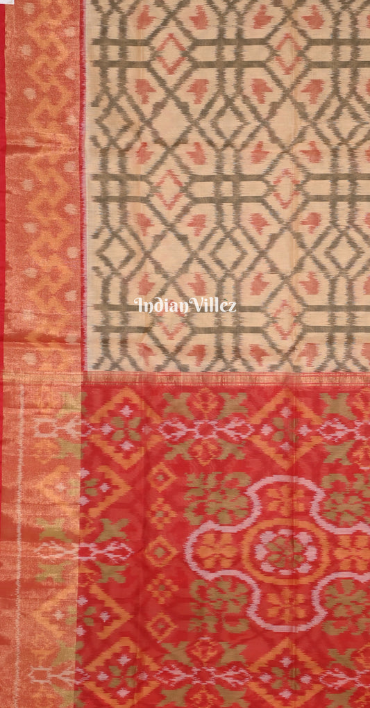Beige Red Pochampally Ikat Silk Cotton (Sico) Saree