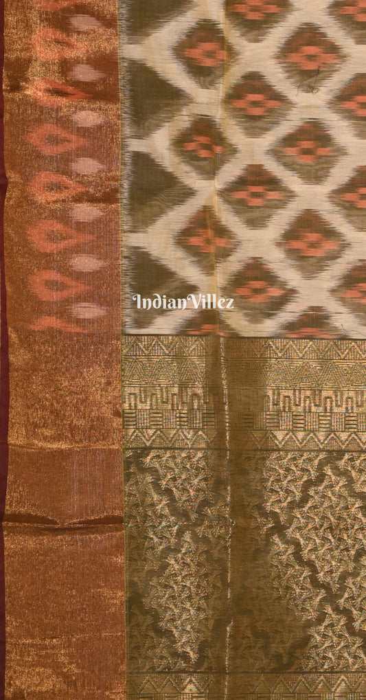 Beige Black Pochampally Ikat (Sico) Saree
