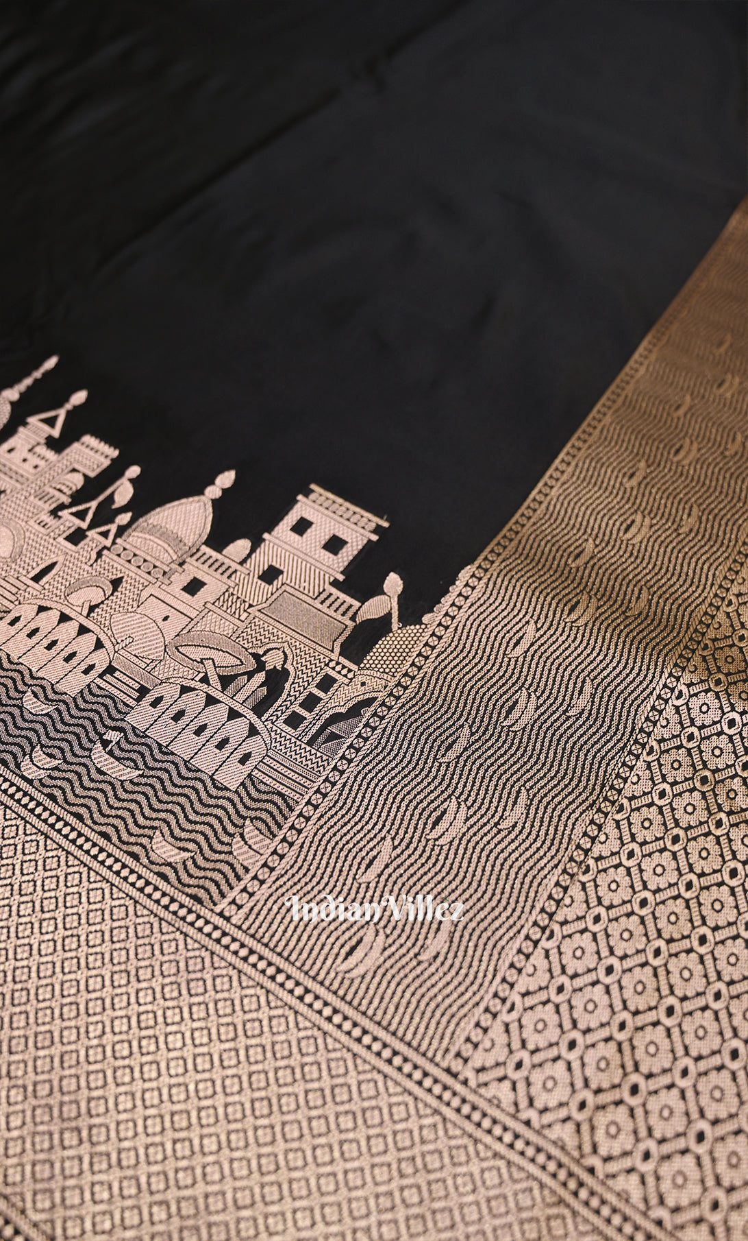 Black Handwoven Banarasi Katan Silk Saree with Kashi Ghat Weaves