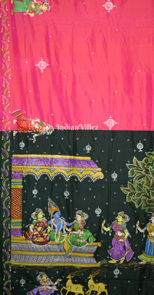 Rani Pink Bottle Green Krishna Raas Leela Hand- Painted Pattachitra Saree 