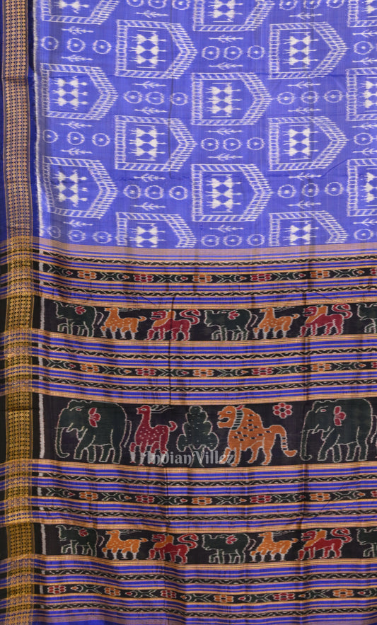 Blue White Tribal Theme Odisha Ikat Khandua Silk Saree