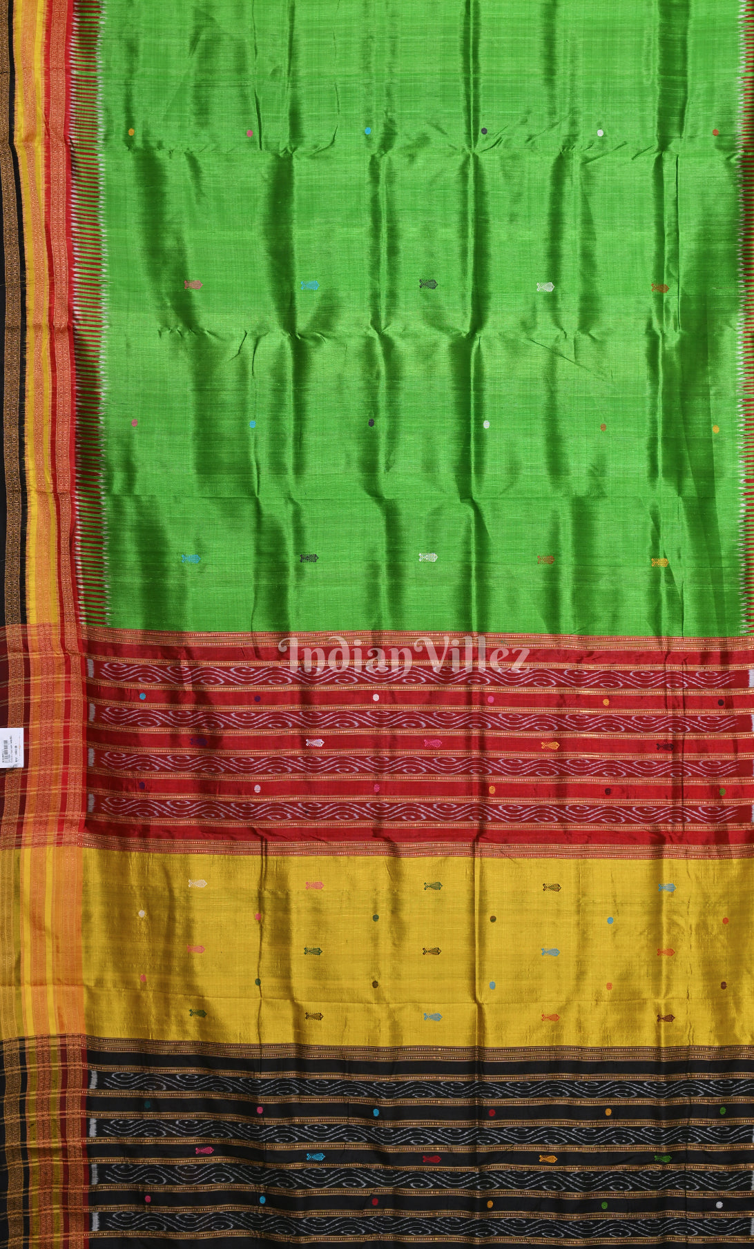 Green Black Fish Motif Kathiphera Odisha Ikat Khandua Silk Saree 