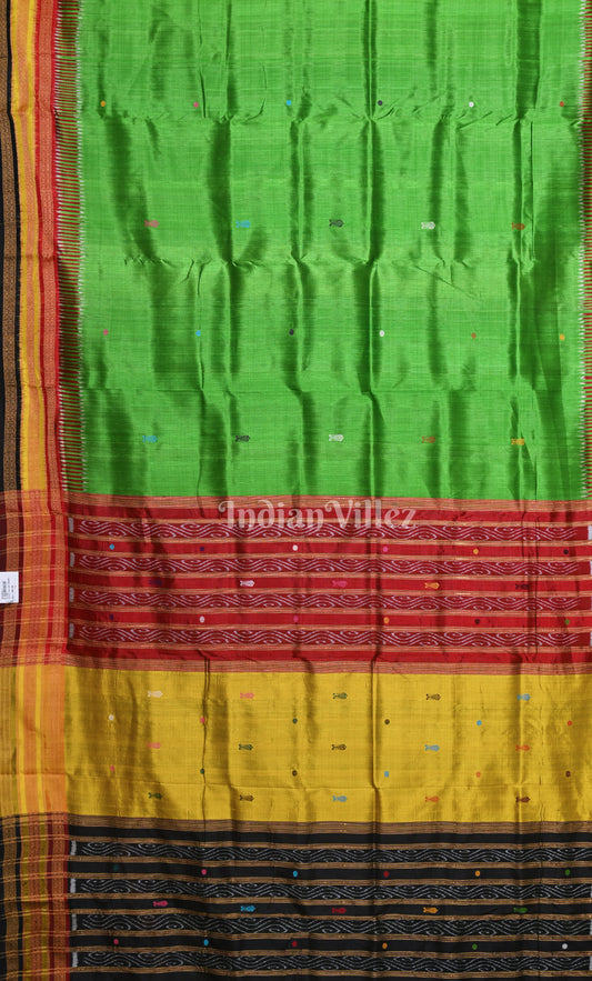 Green Black Fish Motif Kathiphera Odisha Ikat Khandua Silk Saree 