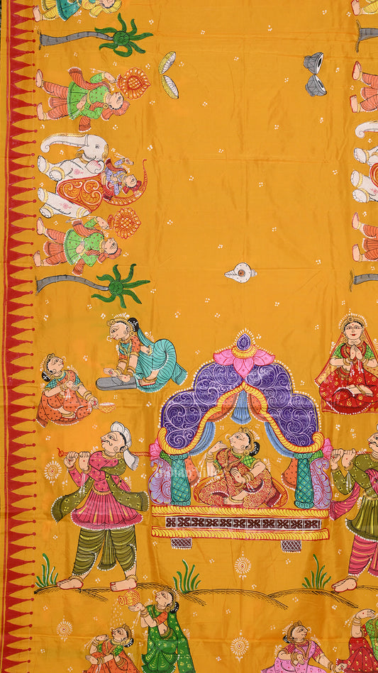 Yellow Doli Barat Theme Hand-Painted Patatchitra Saree