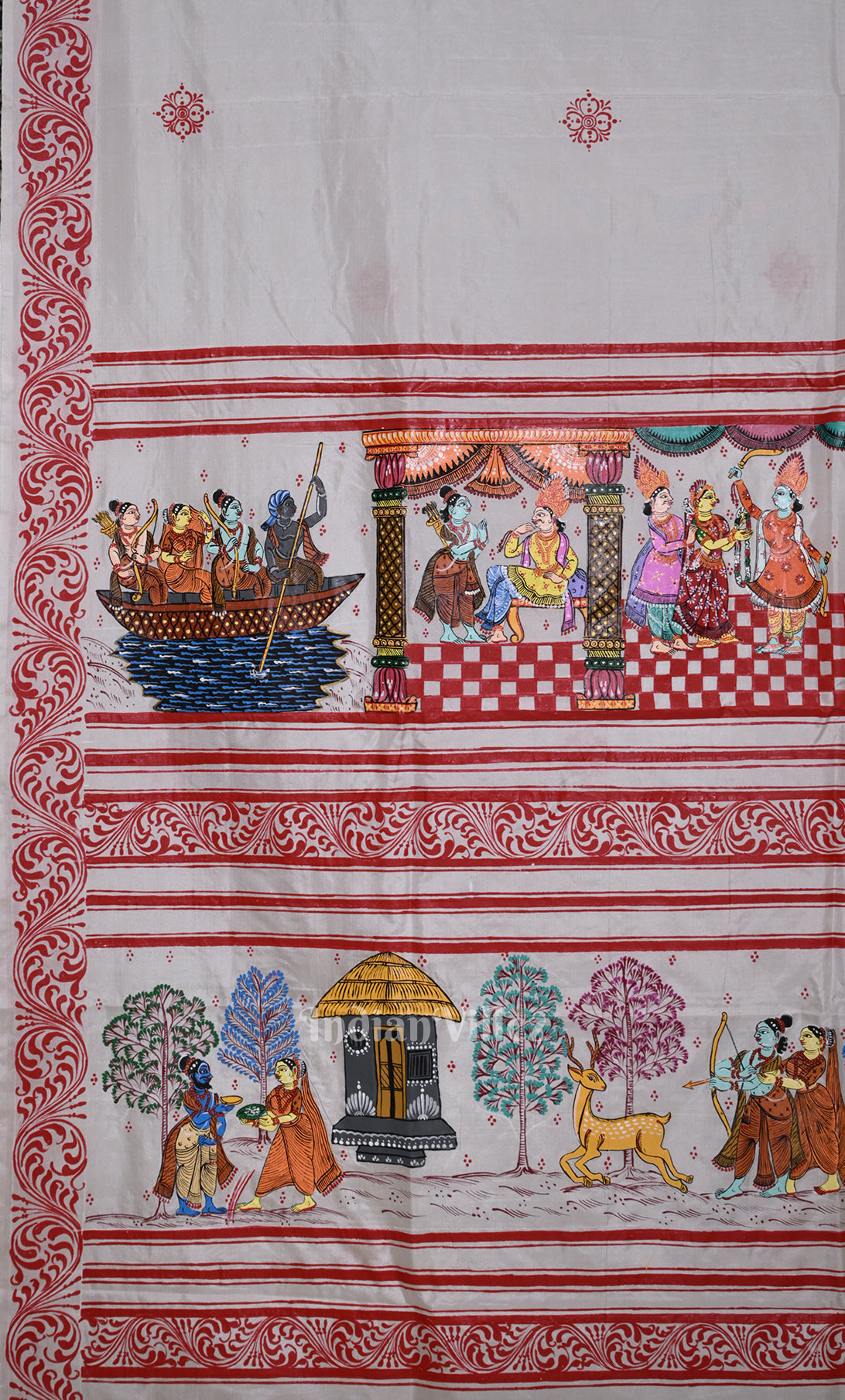 White Red Ramayan Theme Hand-Painted Pattachitra Saree 