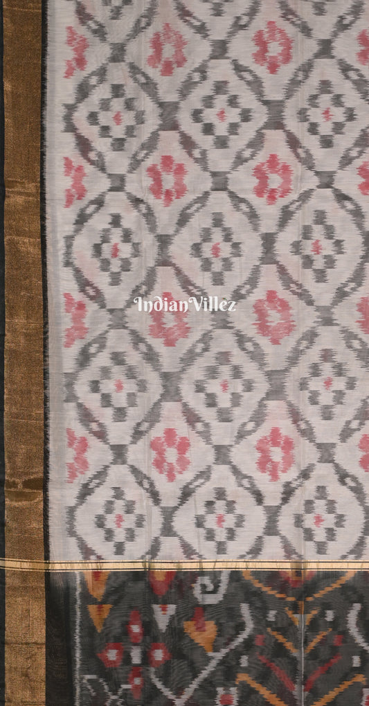 Off White Black Pochampally Ikat Silk Cotton (Sico) Saree 