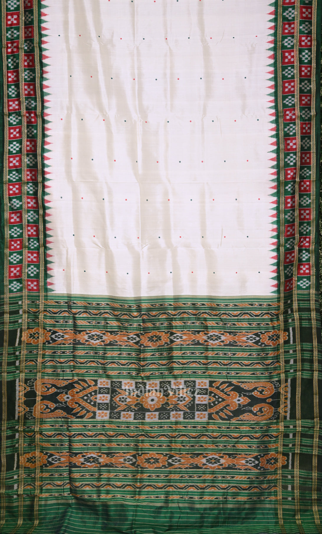 White Green Pasapali Border Odisha Ikat Khandua Silk Saree 
