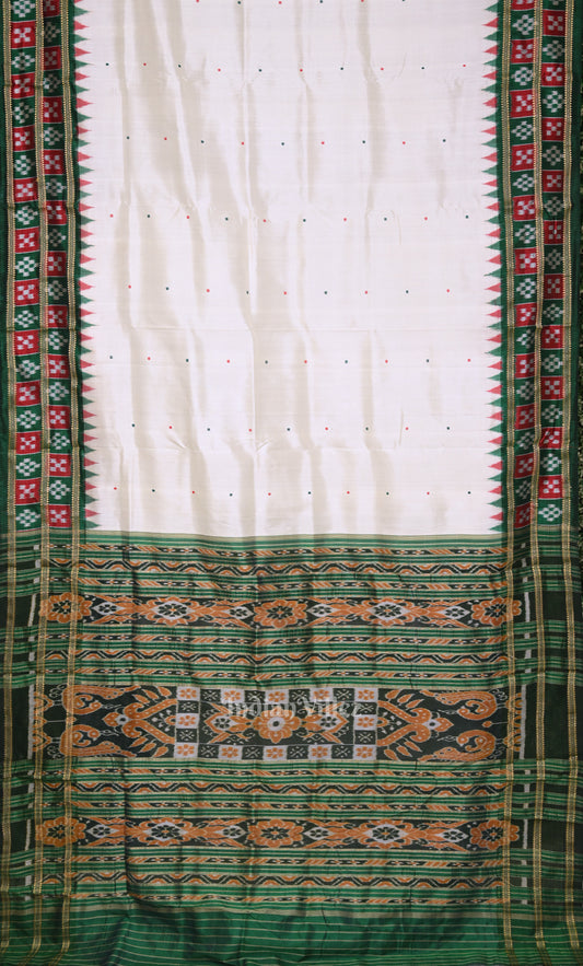 White Green Pasapali Border Odisha Ikat Khandua Silk Saree 