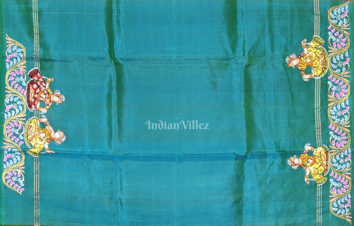 Red Green Radha Krishna Village Theme Pattachitra Saree 